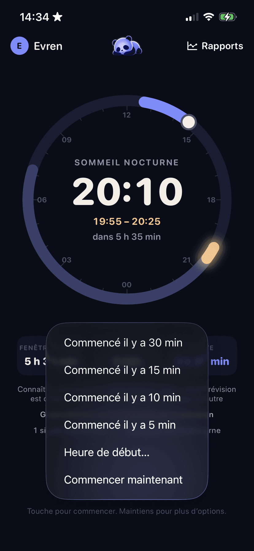 Menu Napple pour commencer un sommeil quelques minutes plus tôt