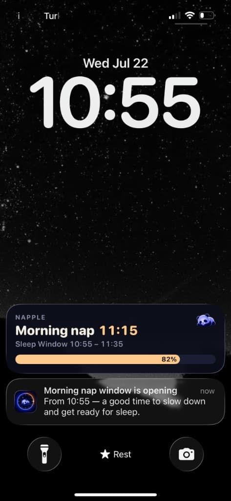 Écran verrouillé Napple et rappel de la sieste du matin